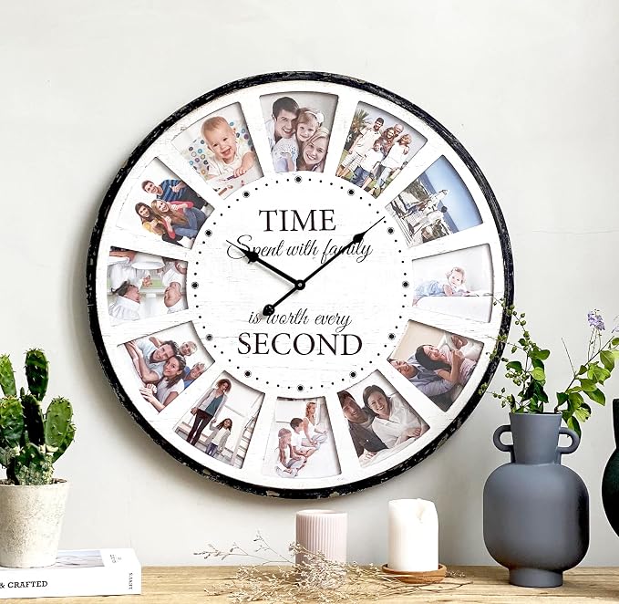 12 Photo Collage Family Wood Wall Clock, Rustic Farmhouse Wall Clock, Large - Image 4
