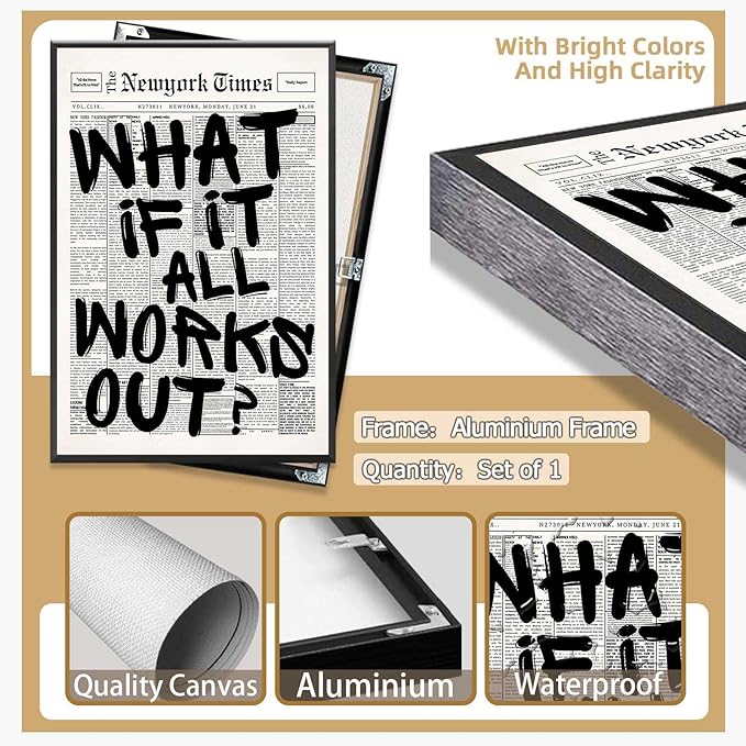 Retro Black And White Newspaper Poster What If It All Works Out Canvas Wall Art - Image 2
