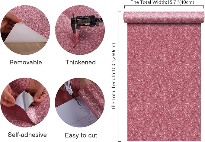 CHIHUT Pink Glitter Wallpaper Stick and Peel 15.7''x100'' Sparkle Glitter - Image 2
