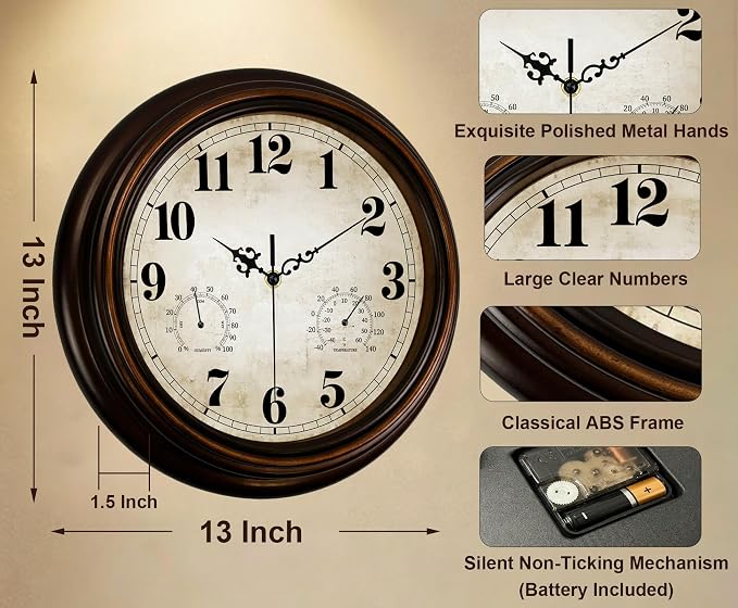 Vintage Wall Clock 13 Inch Quartz Silent Non-Ticking Analog Clock - Image 3