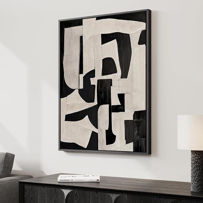 Framed Neutral Abstract Wall Art, Modern Black and Beige Canvas Prints - Image 2