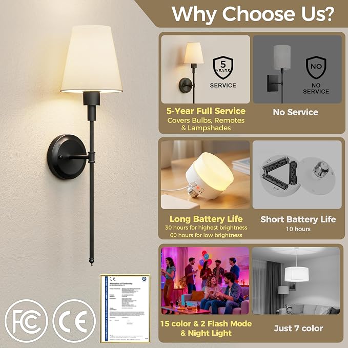 DORESshop Battery Operated Wall Sconce Set of 2, Wireless Wall Light Easy to - Image 6