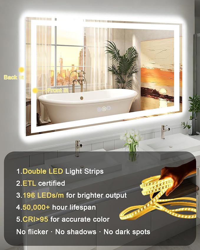 48x32 LED Bathroom Mirror with Lights, Super Bright Front & Backlit Vanity - Image 8