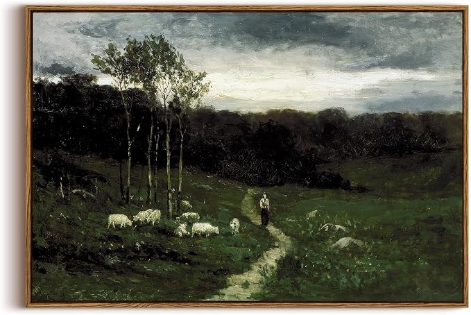 OIQArtOIQ Framed Vintage Landscape Wall Art Shepherd Natural Scenery Oil by OIQArtOIQ