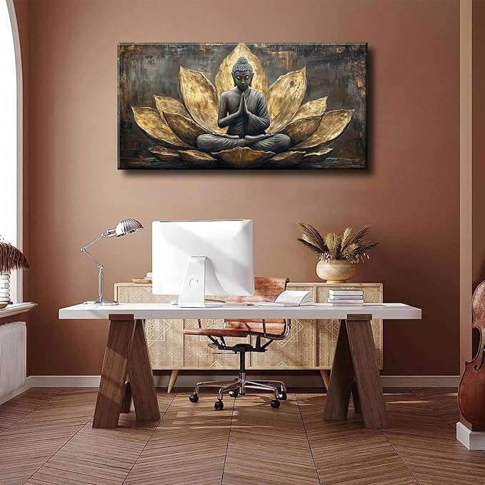 Large Buddha Lotus Canvas Wall Art Abstract Gold and Grey Zen Buddhism Decor - Image 5