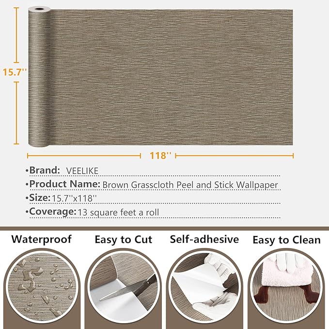 VEELIKE 15.7''x118'' Taupe Grasscloth Wallpaper Peel and Stick Textured Faux - Image 9