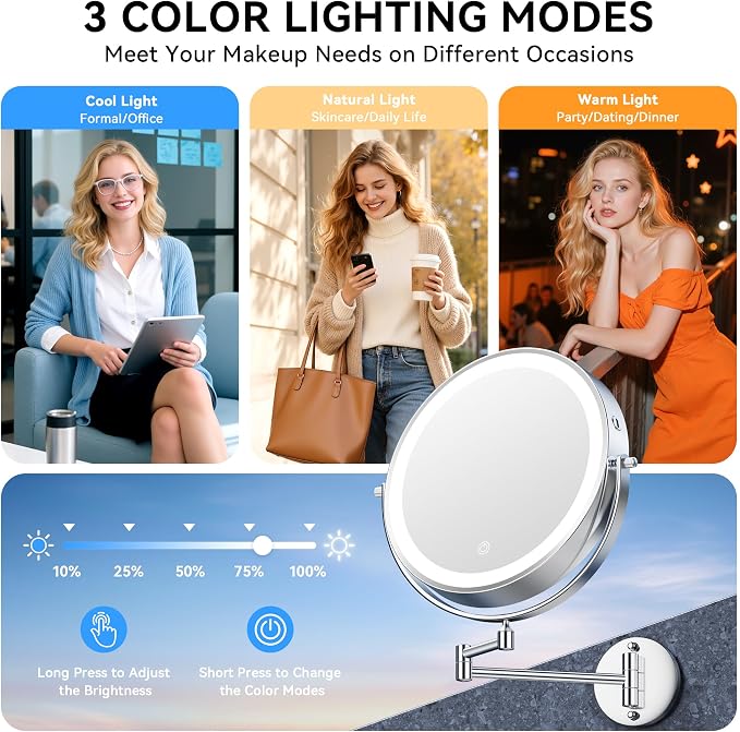 10'' 30X/1X Wall Mounted Lighted Makeup Mirror, 5000mAh Rechargeable - Image 5