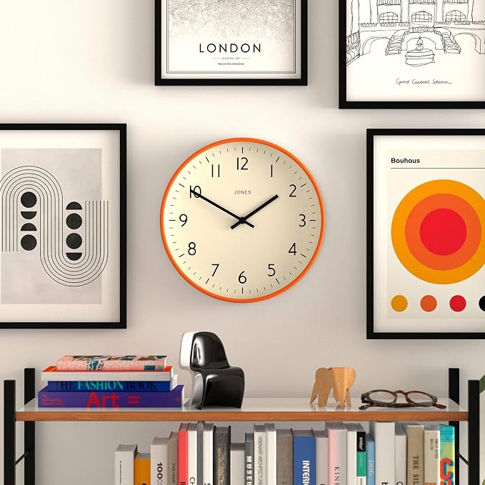 JONES CLOCKS® Studio wall Clock | Modern Round Style | 12 inch | Orange | Easy - Image 3