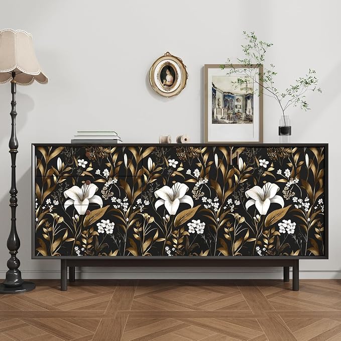 Laatse Black White Floral Wallpaper Peel and Stick, Dark Gold Vintage Contact - Image 3