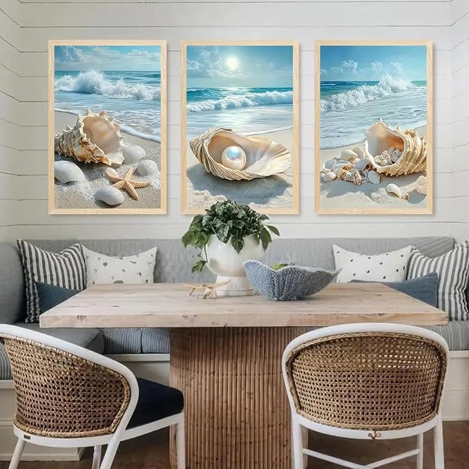 SYWENNOI 3 Piece Wood Framed Beach Wall Art, Sandy Shore, Pearl in Shell - Image 3
