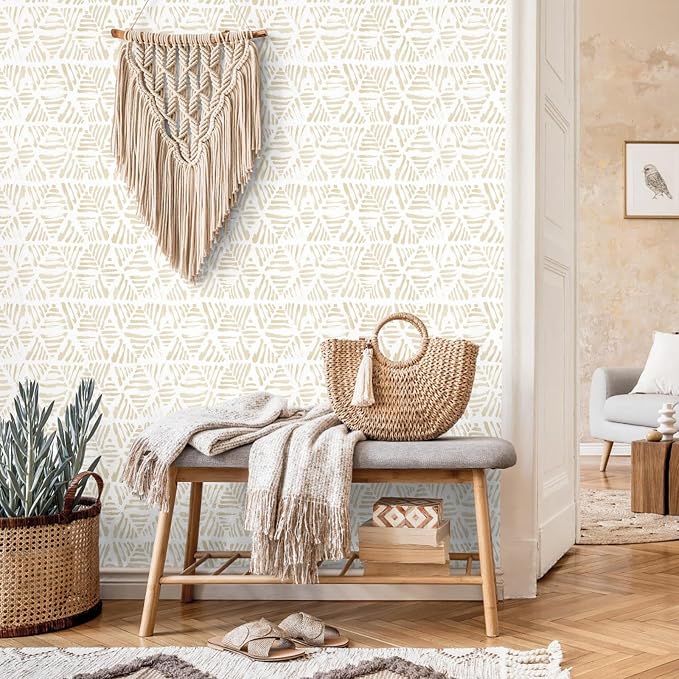 Peel and Stick Wallpaper Boho Wallpaper 17.3" x 393" Geometric Beige and White - Image 5