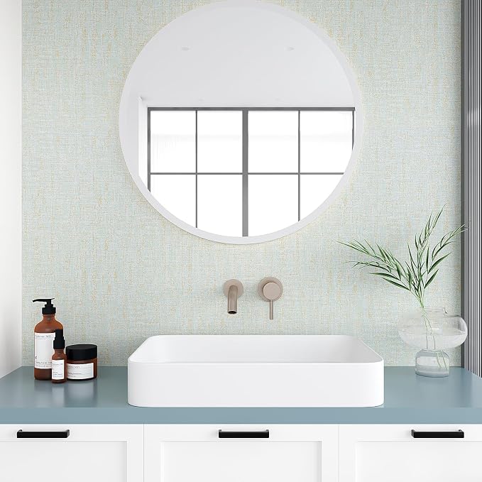 VEELIKE Pale Green Gold Grasscloth Wallpaper Textured Faux Grasscloth Peel and - Image 2