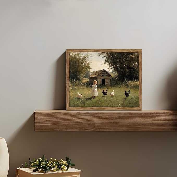 Vintage Country Framed Wall Art, Little Girl and Chick Canvas Prints, Rustic - Image 4