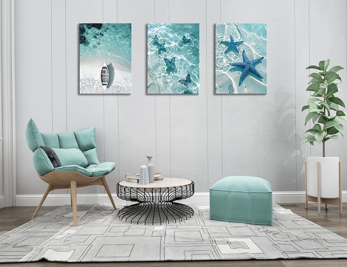 Ocean Wall Art Beach Canvas Print Starfish Shell on Teal Board Paintings - Image 7