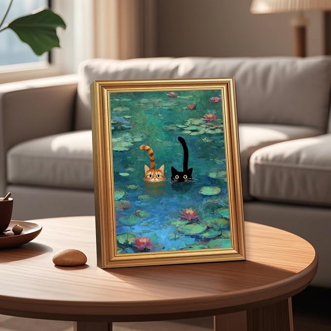 Fantasy Artists Gold Framed Wall Art Prints, Two Swimming Cats in Lotus Pond - Image 2