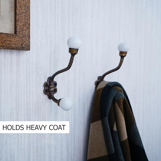 Indian Shelf 6 Pieces Heavy Duty Double Prong White Decorative Coat Hooks - Image 2