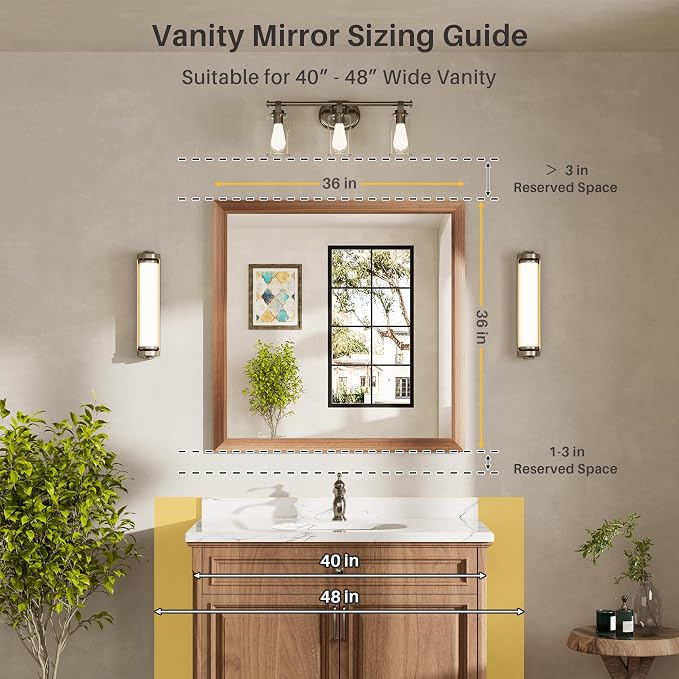 36x36 Inch Bathroom Mirror for Wall, Anti-Rust Walnut Wood Grain Metal Framed - Image 2