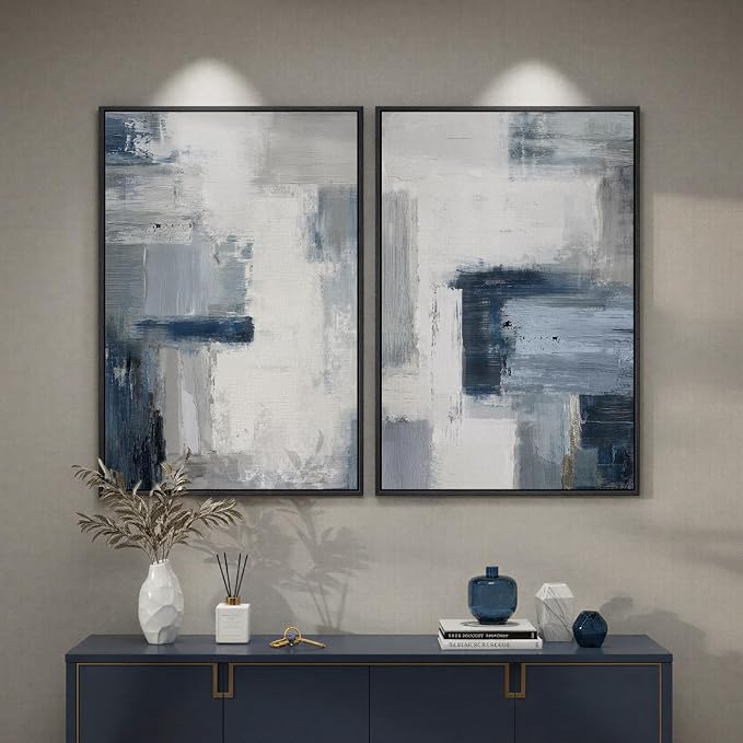 Large Framed Blue Gray Abstract Wall Art Set of 2, Modern Canvas Artwork - Image 8