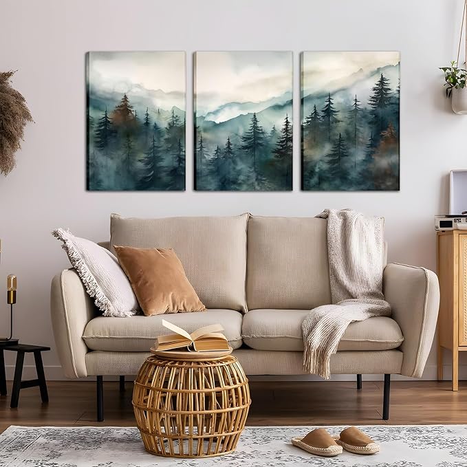AKWISH Framed Green Forest Canvas Wall Art Set of 3, Boho Misty Watercolor Pine - Image 6