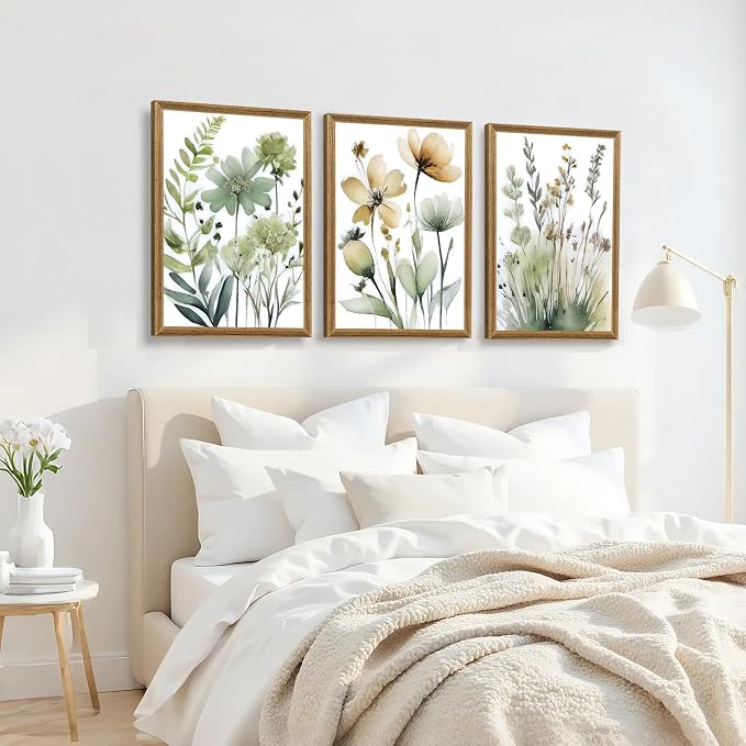 SYWENNOI Wood Framed Green Botanical Canvas Wall Art, Boho Floral Watercolor - Image 4