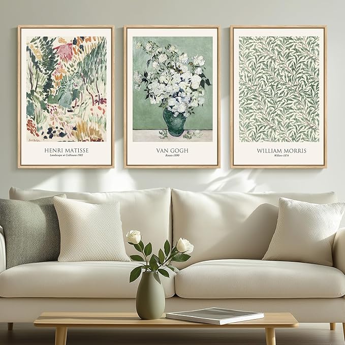 Framed Large Van Gogh Wall Art for Living Room, 3 Pieces Vintage Sage Green by Cuspin
