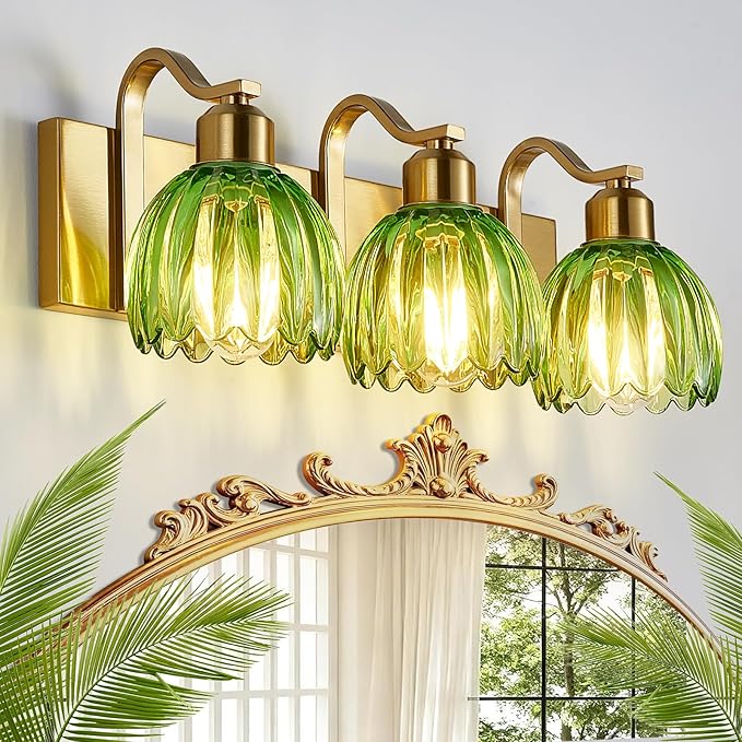 3-Light Vanity Lights with Green Tulip Glass Shade, Vintage Vanity Wall Sconce by AIXIALIN