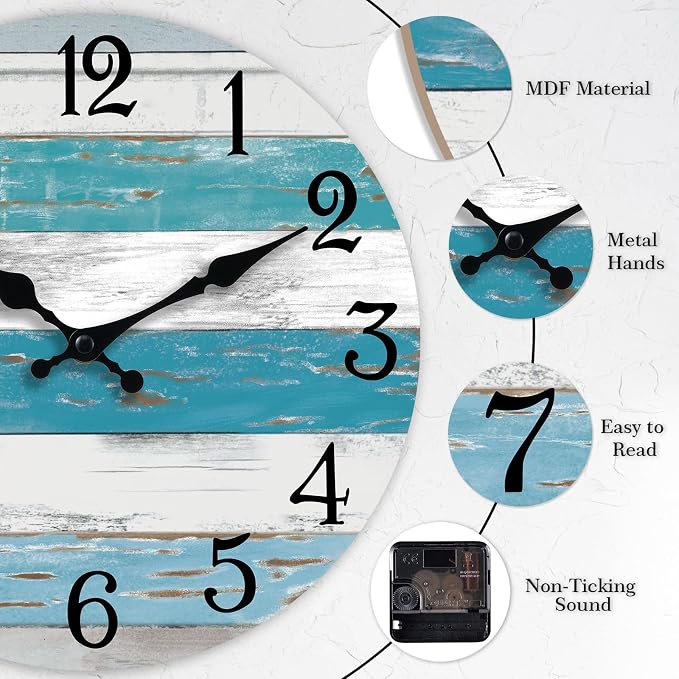 KECYET Wall Clock Battery Operated 12 Inch Outdoor Beach Style Blue Coastal - Image 5