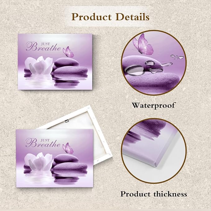 EOBTAIN Zen Bathroom Wall Art Butterfly and Flower Stone Relaxing Just Breathe - Image 6