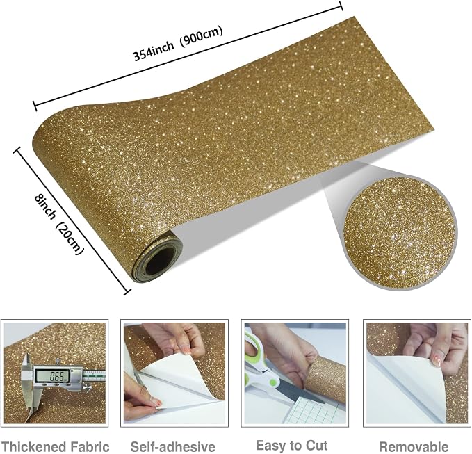 CRE8TIVE Champagne Gold Glitter Wallpaper Border Peel and Stick Wall Border - Image 6