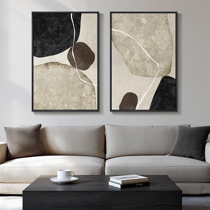 Large Framed Neutral Abstract Wall Art Set of 2, Modern Black Beige Brown by Cuspin