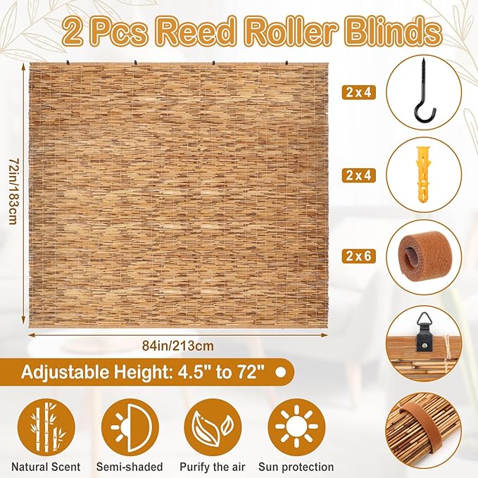 DoubleFill 2 Pcs Bamboo Shades Outdoor Reed Roll Up Blinds 84" W X 72" H - Image 2