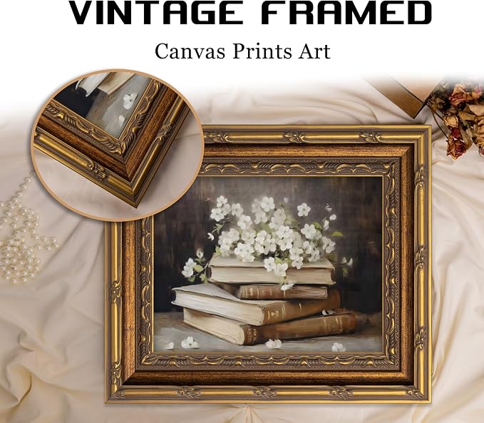 Vintage Gold Framed Wall Art Retro Moody Books and Flowers Oil Painting Canvas - Image 4