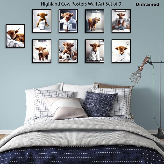 SEHSUVC Funny Bathroom Cow Posters Wall Art Set of 9, Vintage Brown Highland - Image 6