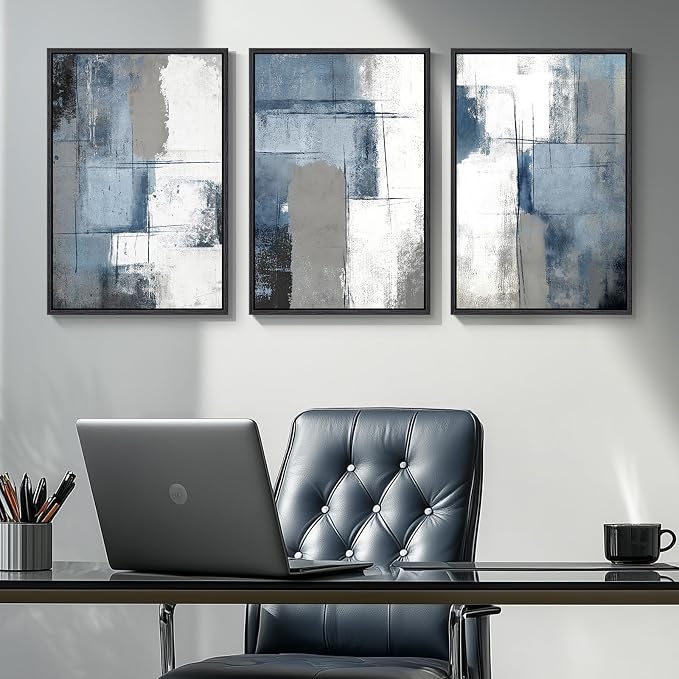 Framed Blue and Grey Abstract Wall Art, 3 Piece Modern Canvas Prints Paintings - Image 4