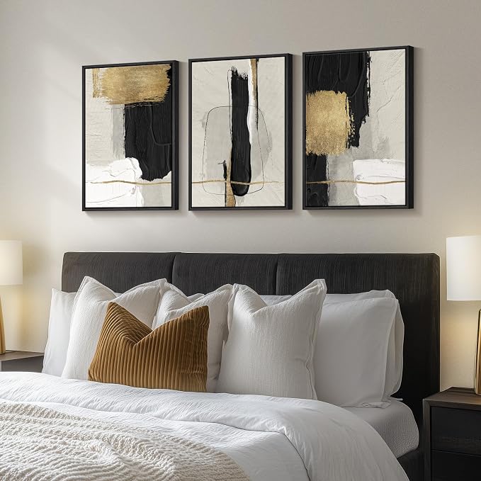 Framed Black and White Abstract Wall Art, 3 Piece Canvas Prints Paintings - Image 2