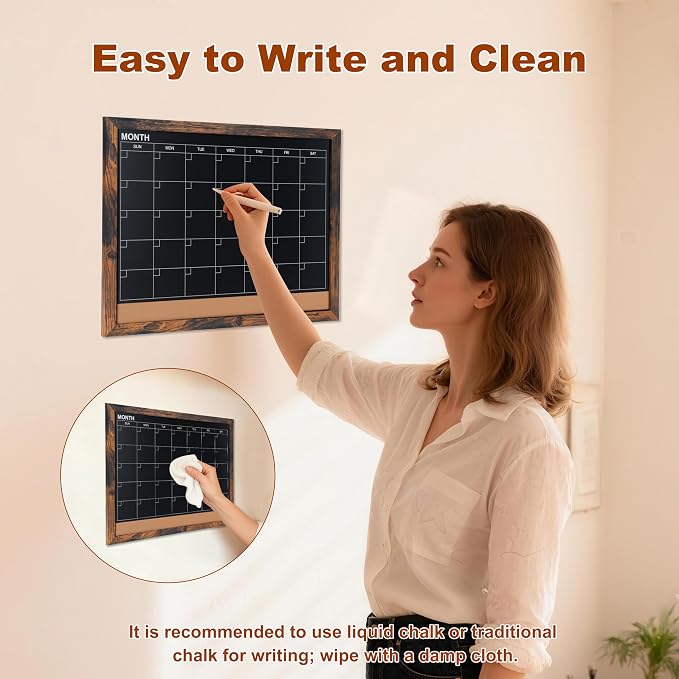Chalkboard Calendar for Wall, Small Rustic Framed Magnetic Chalkboard & Cork - Image 4