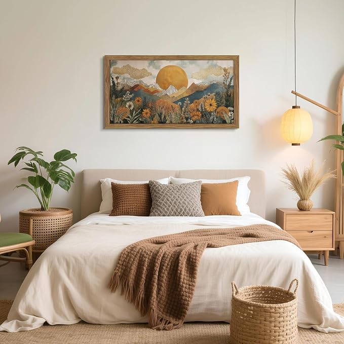 Framed Boho Landscape Large Wall Art, Abstract Sun Mountain Canvas Wall Decor - Image 2