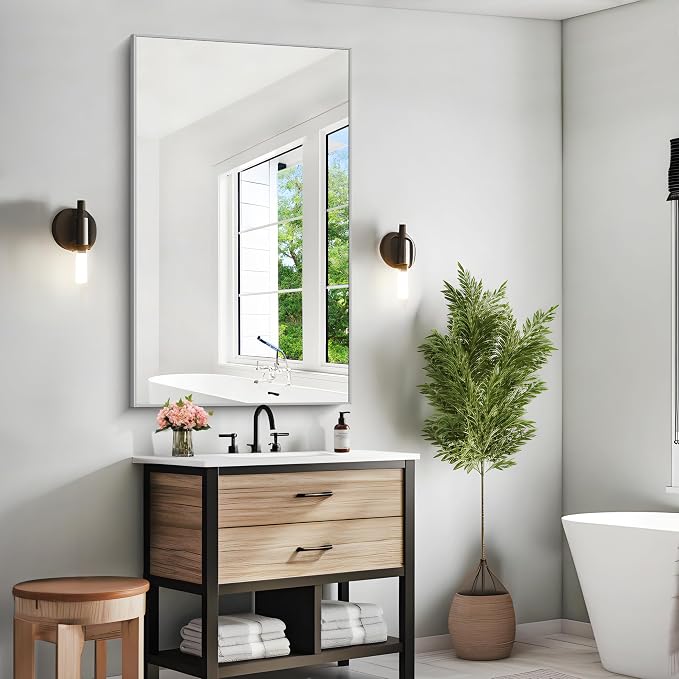 KOCUUY Silver Bathroom Mirror, HD Tempered Glass, Anti-Rust Brushed Silver Frame - Image 4