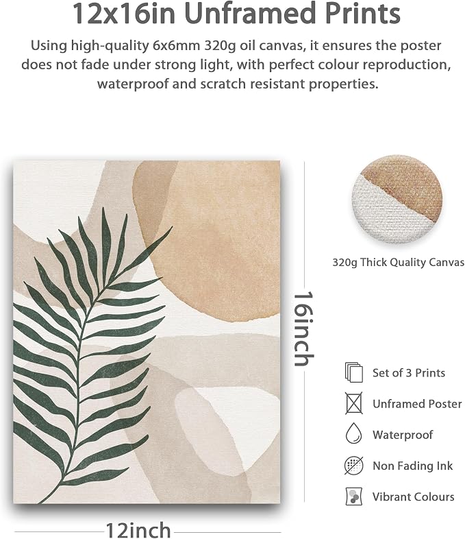 HesenDot Unframed Neutral Boho Wall Art Set of 3, 12x16in Botanical Leaves - Image 2
