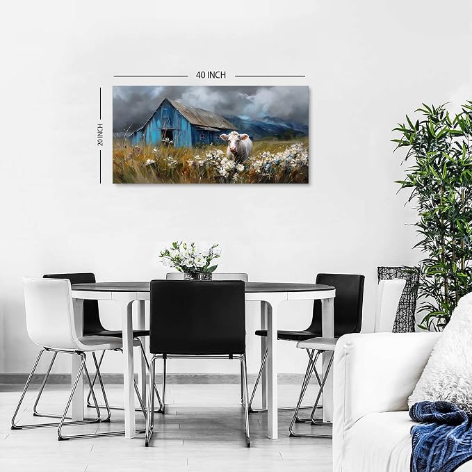 Farmhouse Barn Wall Art Cow Pictures Wall Decor Rustic Blue Barn Landscape - Image 2