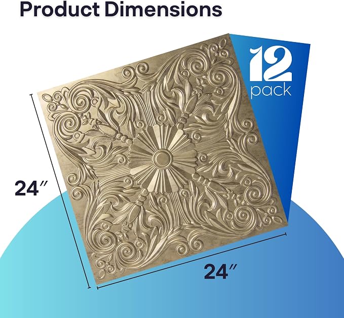 Art3d 12-Pack PVC Drop Ceiling Tiles, 2ft x 2ft, Floral Gold - Image 2