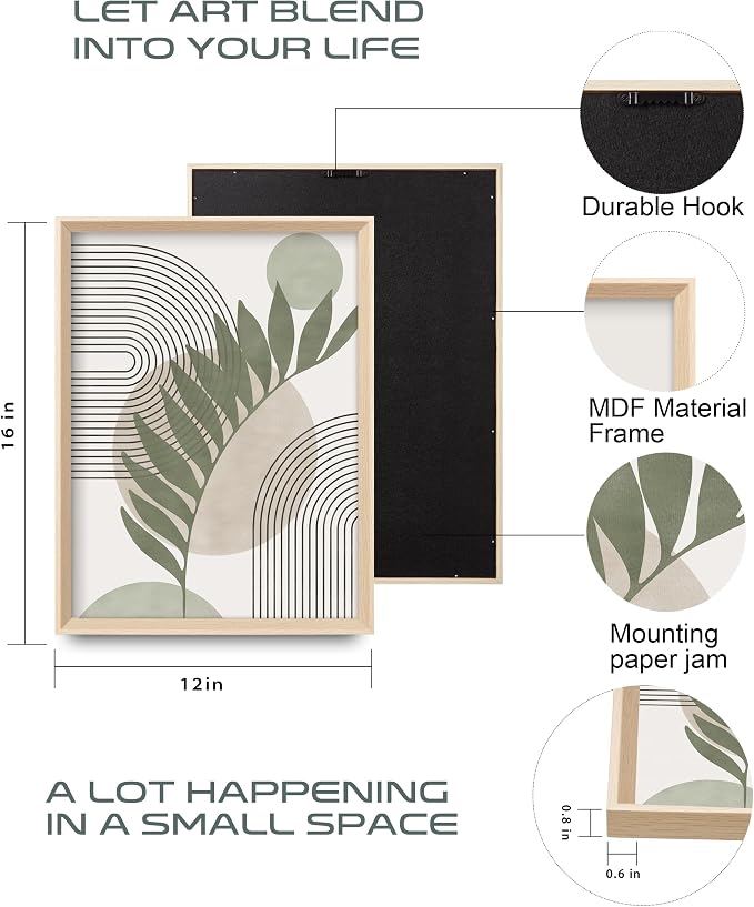 HesenDot Boho Sage Green Framed Wall Art, 12x16in High Framed Design Canvas - Image 2