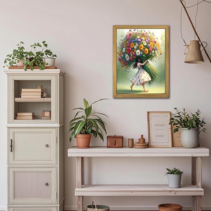 Wood Framed Pink Wildflower Canvas Wall Art, Girl Hugging Flowers Poster Prints - Image 8