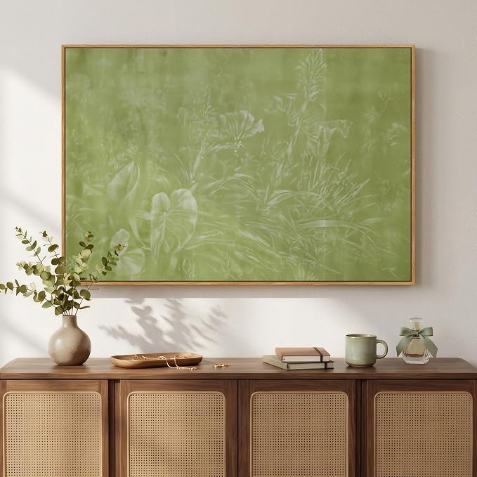 Framed Green Abstract Botanical Wall Art, Modern Minimalist Sage Green Canvas by Cuspin