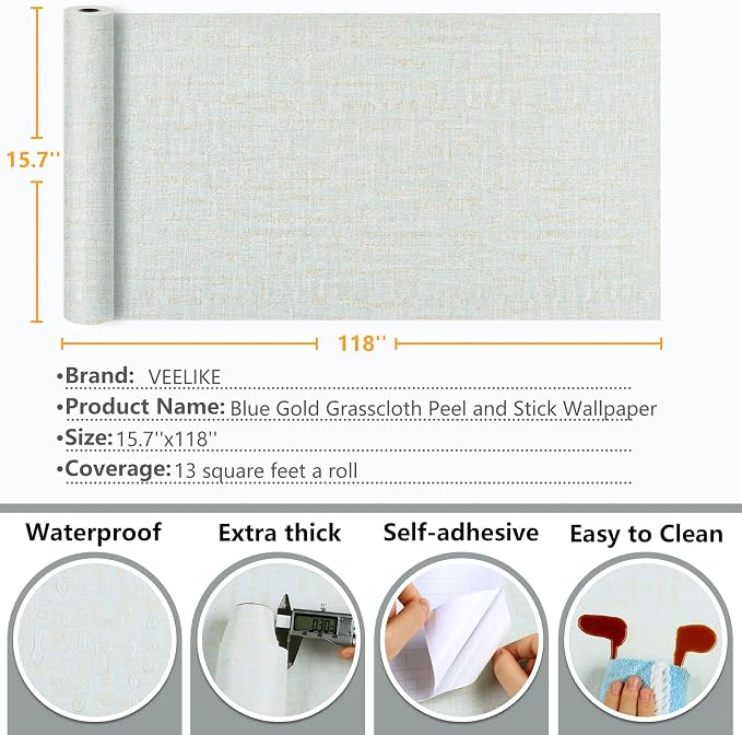 VEELIKE Blue Gold Grasscloth Peel and Stick Wallpaper 15.7''x118'' - Image 8