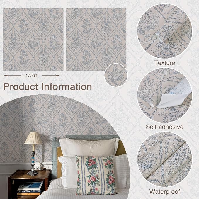 Toduso Peel and Stick Wallpaper Vintage Wall Paper Boho Contact Paper Blue - Image 5