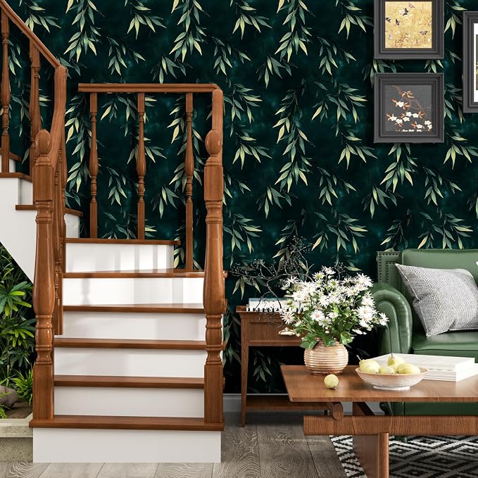 Dark Bamboo Leaves Peel and Stick Wallpaper, Moody Leaf Design Self Adhesive - Image 3