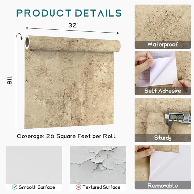 VEELIKE Grunge Cracked Concrete Wallpaper Peel and Stick 118''x32'' Wide Beige - Image 8