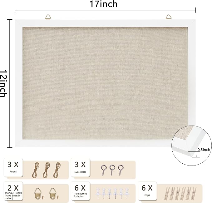 DAHAPYBOO Cork Board with Linen White, Bulletin Board 17"x12" Hanging Corkboards - Image 2