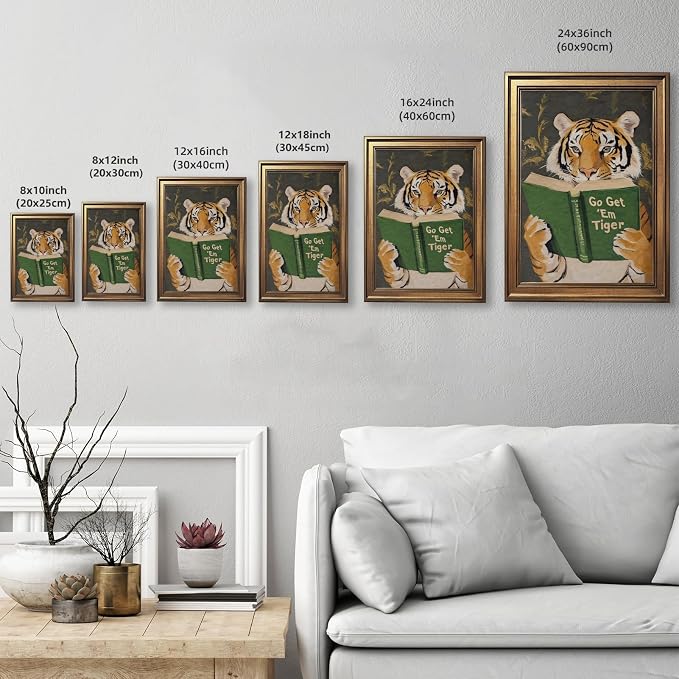 Vintage Gold Framed Wall Art Go Get Em Tiger Poster Funny Animal Reading Book - Image 3